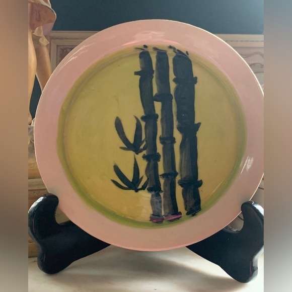 Hand Made & Painted "Bamboo" Pottery Plate by VR - Picture 1 of 4